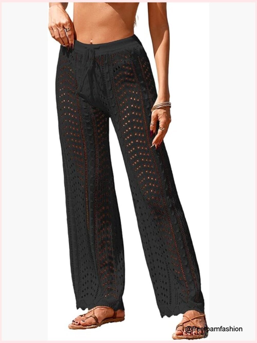 Crochet Mesh Knit Beach Cover Up Pants High Waist Drawstring Flare Leg Swim